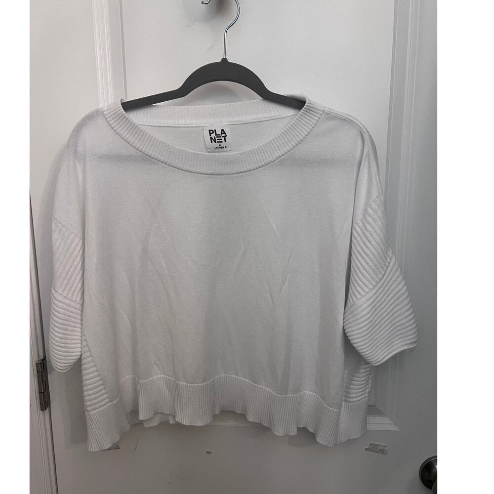 Planet by Lauren G White Short Sleeve Cropped Knit Sweater OS Quiet luxury Chic